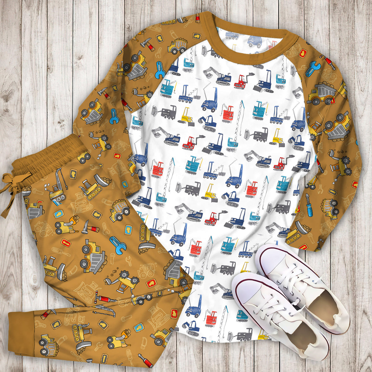 Organic Jax Construction Pajama Set | Pajamas | Cotton Sleepwear Sets | Soft Long Sleeve Pjs | Raglan Shirt and Pants Set