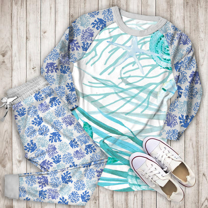 Coral Life Coastal Pajama Set | Pajamas | Cotton Sleepwear Sets | Soft Long Sleeve Pjs | Raglan Shirt and Pants Set