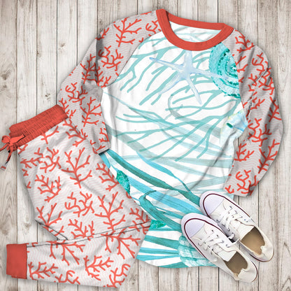 Coral Life Coastal Pajama Set | Pajamas | Cotton Sleepwear Sets | Soft Long Sleeve Pjs | Raglan Shirt and Pants Set