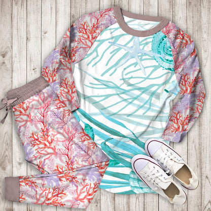 Coral Life Coastal Pajama Set | Pajamas | Cotton Sleepwear Sets | Soft Long Sleeve Pjs | Raglan Shirt and Pants Set