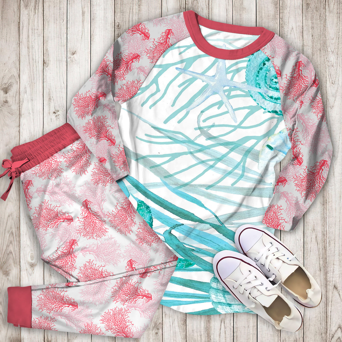 Coral Life Coastal Pajama Set | Pajamas | Cotton Sleepwear Sets | Soft Long Sleeve Pjs | Raglan Shirt and Pants Set