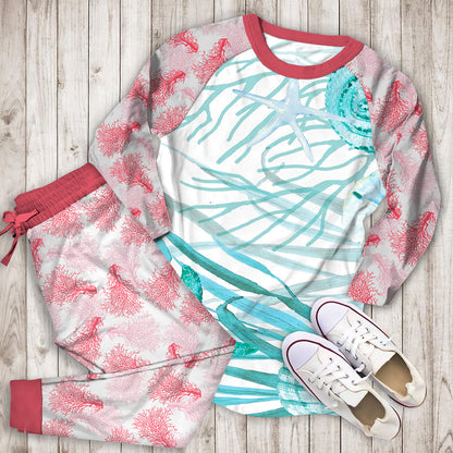 Coral Life Coastal Pajama Set | Pajamas | Cotton Sleepwear Sets | Soft Long Sleeve Pjs | Raglan Shirt and Pants Set