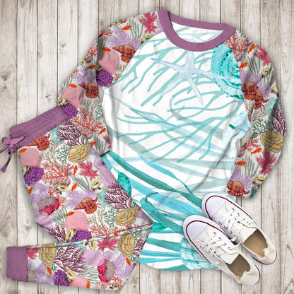 Coral Life Coastal Pajama Set | Pajamas | Cotton Sleepwear Sets | Soft Long Sleeve Pjs | Raglan Shirt and Pants Set