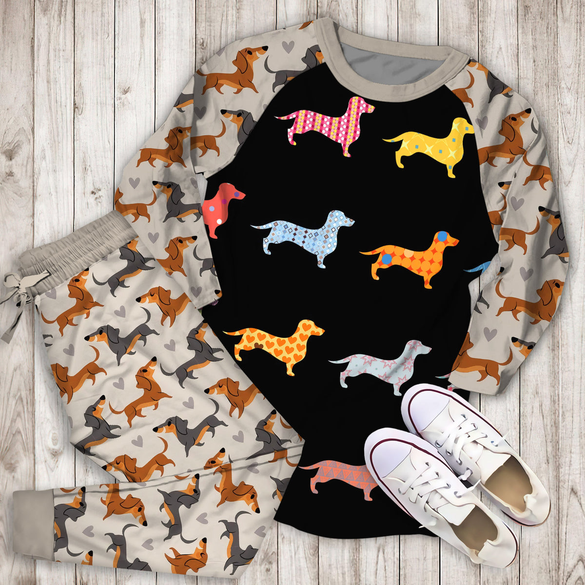 Dachshund Pajama Set |Sleepwear Pjs Sets | Raglan Shirt Pants Set