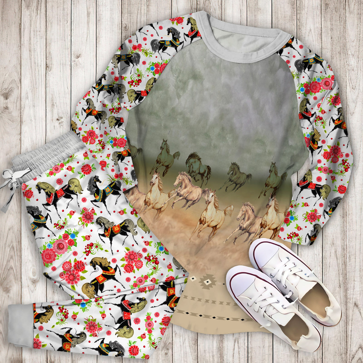 Horse Pajama Set | Pajamas | Cotton Sleepwear Sets | Soft Long Sleeve Pjs | Raglan Shirt and Pants Set