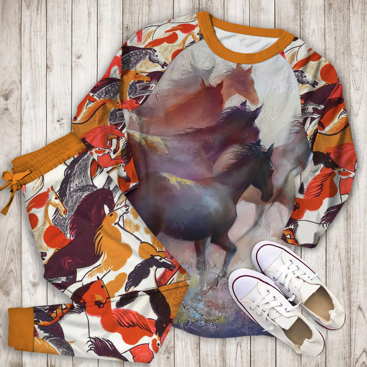Horse Pajama Set | Pajamas | Cotton Sleepwear Sets | Soft Long Sleeve Pjs | Raglan Shirt and Pants Set