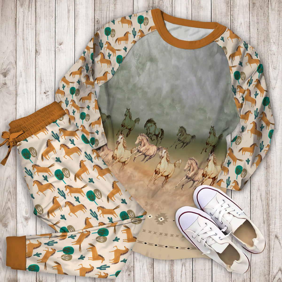 Horse Pajama Set | Pajamas | Cotton Sleepwear Sets | Soft Long Sleeve Pjs | Raglan Shirt and Pants Set