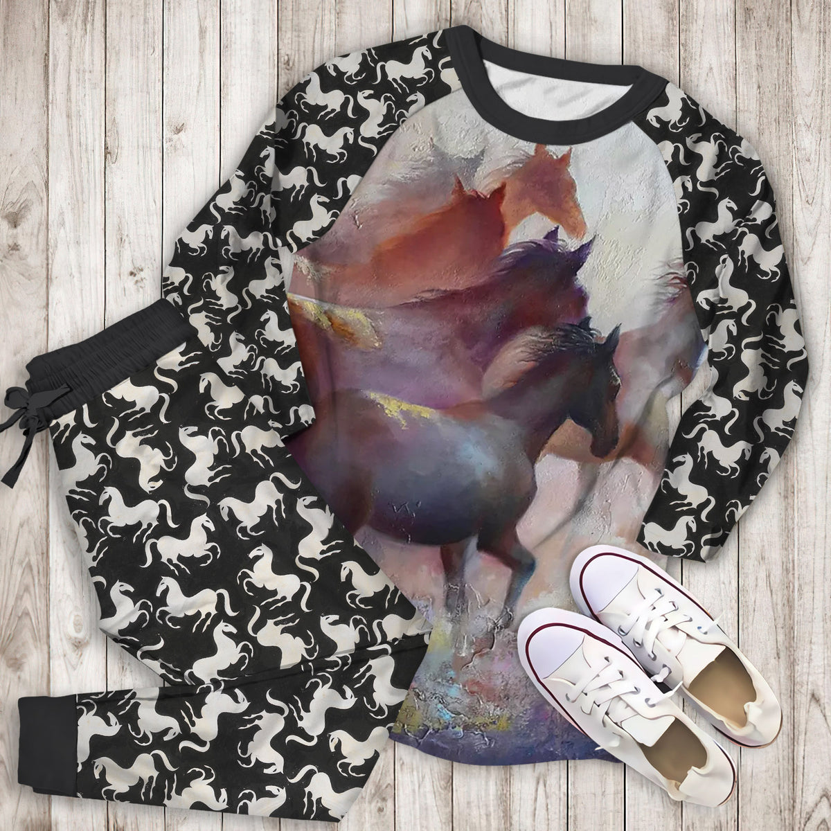 Horse Pajama Set | Pajamas | Cotton Sleepwear Sets | Soft Long Sleeve Pjs | Raglan Shirt and Pants Set