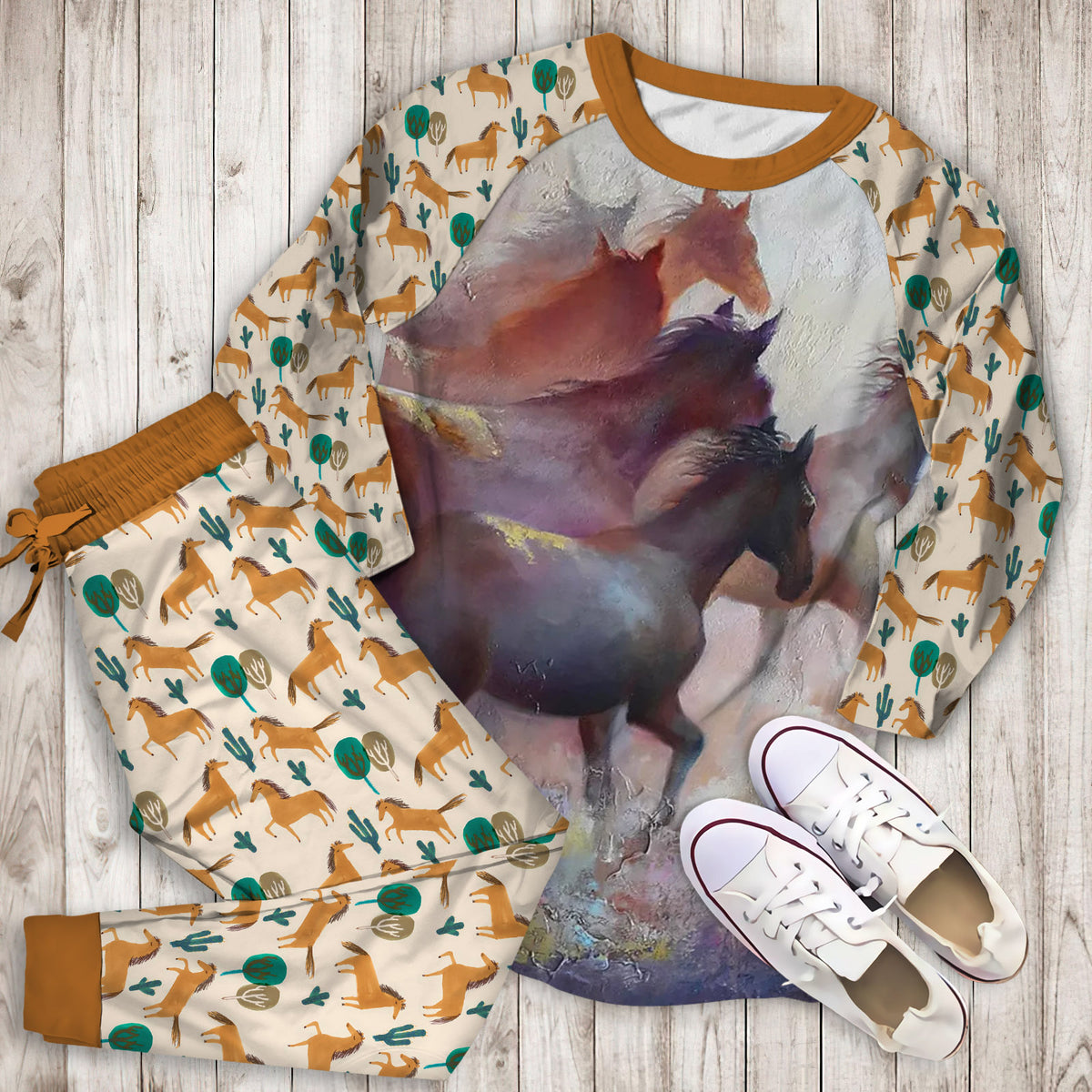Horse Pajama Set | Pajamas | Cotton Sleepwear Sets | Soft Long Sleeve Pjs | Raglan Shirt and Pants Set