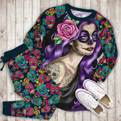 Day Of The Dead Beautiful Girl Pajama Set | Pajamas | Cotton Sleepwear Sets | Soft Long Sleeve Pjs | Raglan Shirt and Pants Set