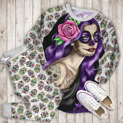 Day Of The Dead Beautiful Girl Pajama Set | Pajamas | Cotton Sleepwear Sets | Soft Long Sleeve Pjs | Raglan Shirt and Pants Set