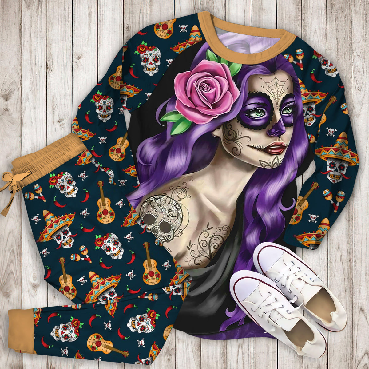 Day Of The Dead Beautiful Girl Pajama Set | Pajamas | Cotton Sleepwear Sets | Soft Long Sleeve Pjs | Raglan Shirt and Pants Set