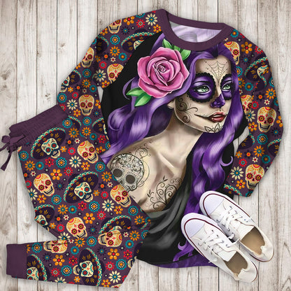 Day Of The Dead Beautiful Girl Pajama Set | Pajamas | Cotton Sleepwear Sets | Soft Long Sleeve Pjs | Raglan Shirt and Pants Set