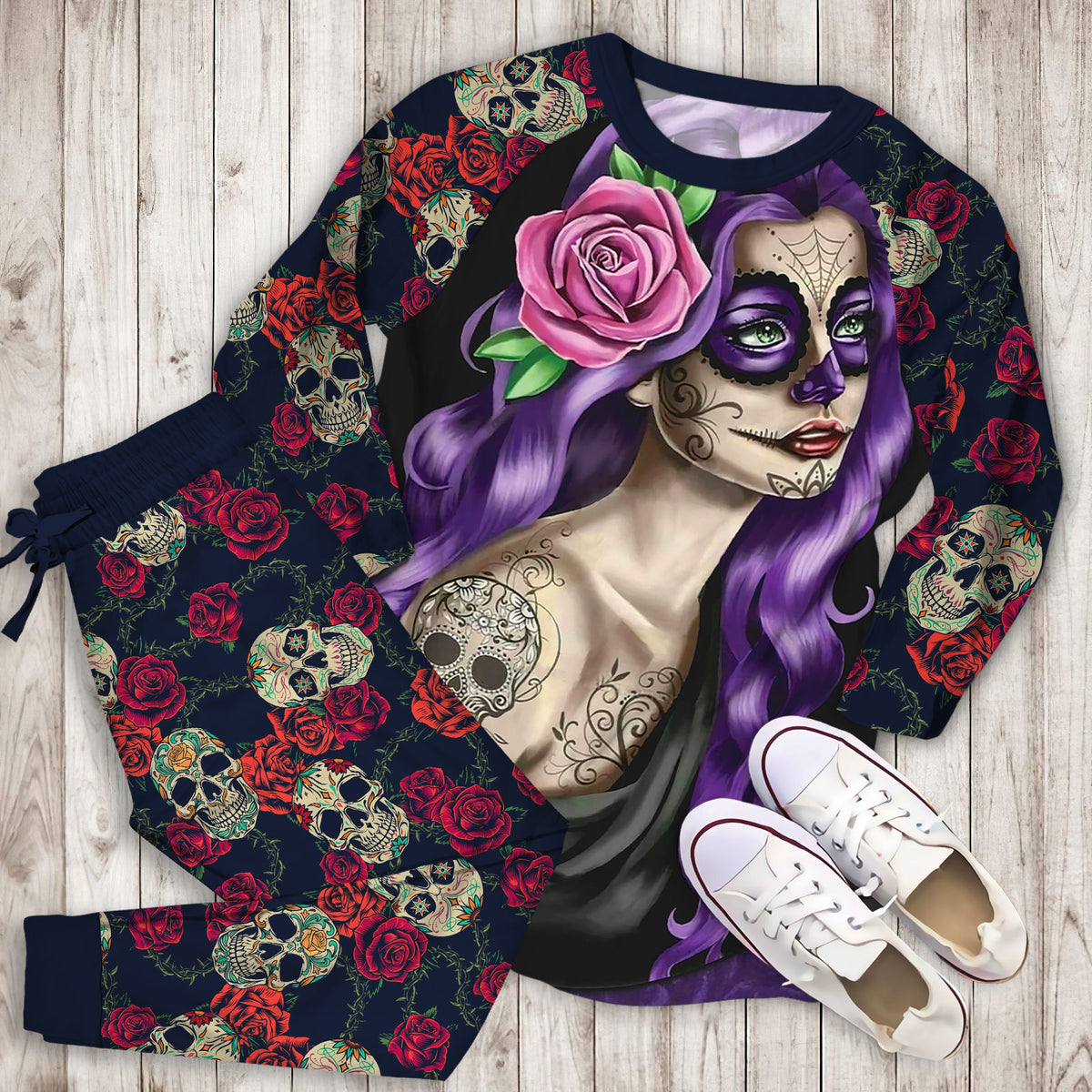 Day Of The Dead Beautiful Girl Pajama Set | Pajamas | Cotton Sleepwear Sets | Soft Long Sleeve Pjs | Raglan Shirt and Pants Set