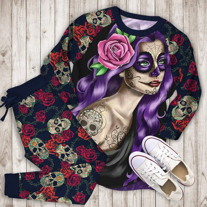 Day Of The Dead Beautiful Girl Pajama Set | Pajamas | Cotton Sleepwear Sets | Soft Long Sleeve Pjs | Raglan Shirt and Pants Set