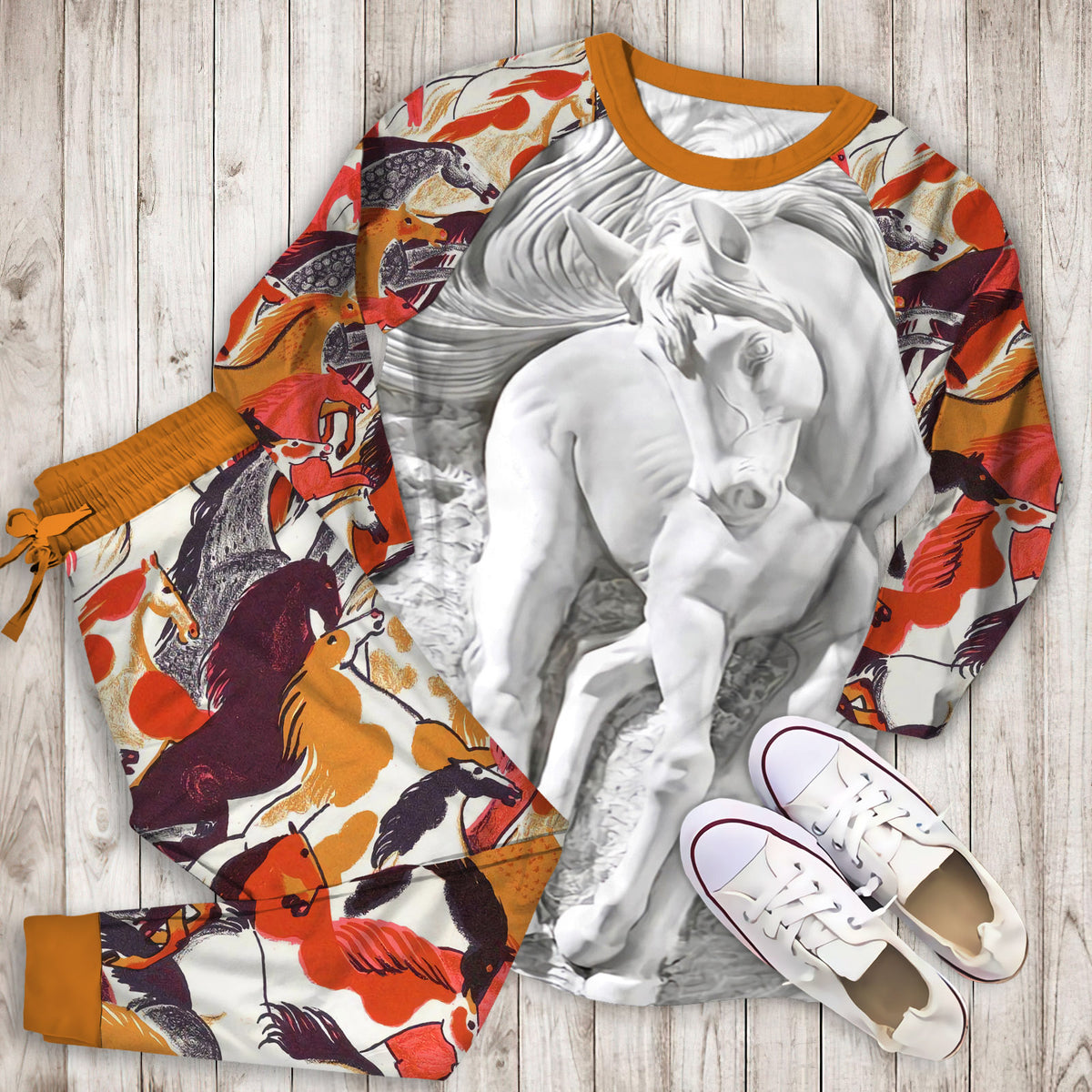 Horse Pajama Set | Pajamas | Cotton Sleepwear Sets | Soft Long Sleeve Pjs | Raglan Shirt and Pants Set