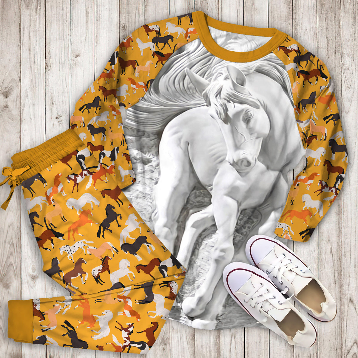 Horse Pajama Set | Pajamas | Cotton Sleepwear Sets | Soft Long Sleeve Pjs | Raglan Shirt and Pants Set