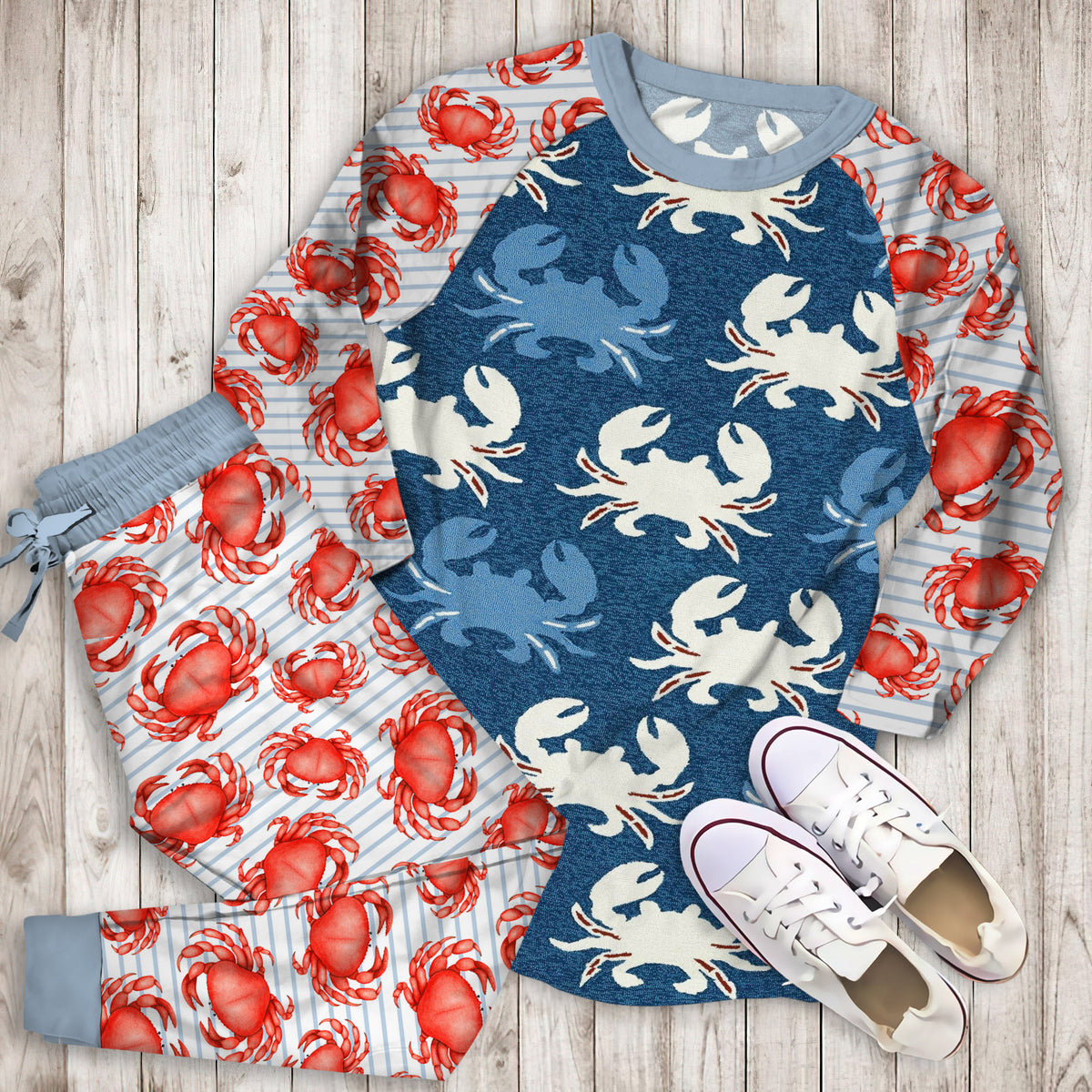 Crab Pajama Set | Pajamas | Cotton Sleepwear Sets | Soft Long Sleeve Pjs | Raglan Shirt and Pants Set