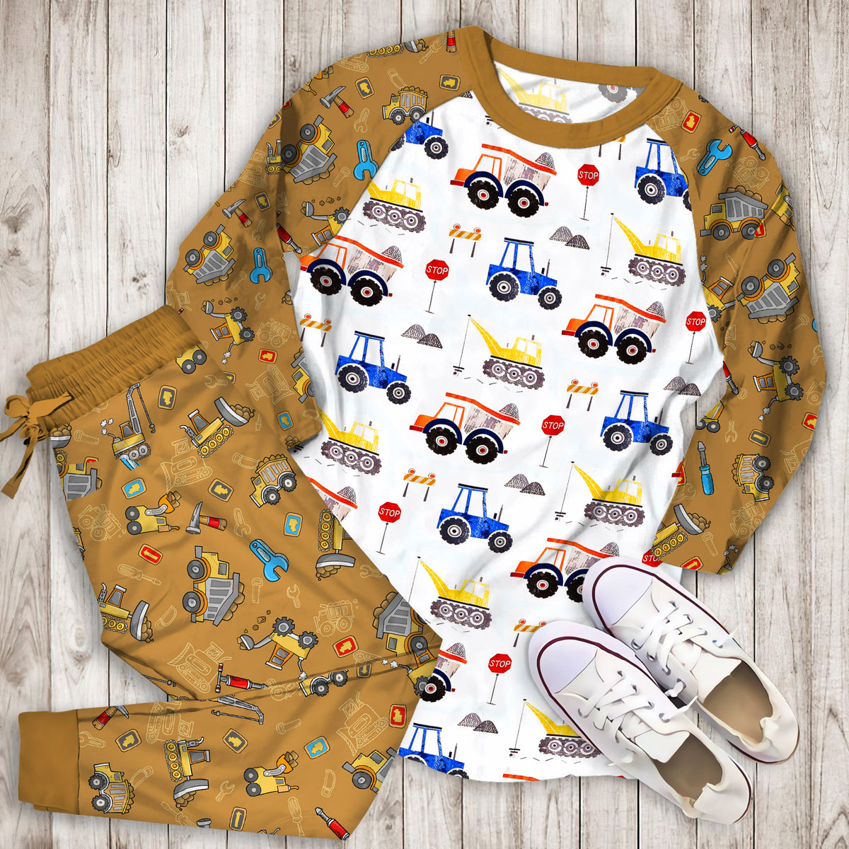 Construction Zone Pajama Set | Pajamas | Cotton Sleepwear Sets | Soft Long Sleeve Pjs | Raglan Shirt and Pants Set