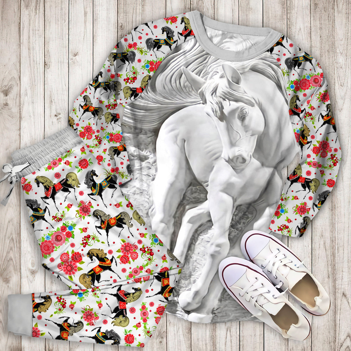 Horse Pajama Set | Pajamas | Cotton Sleepwear Sets | Soft Long Sleeve Pjs | Raglan Shirt and Pants Set