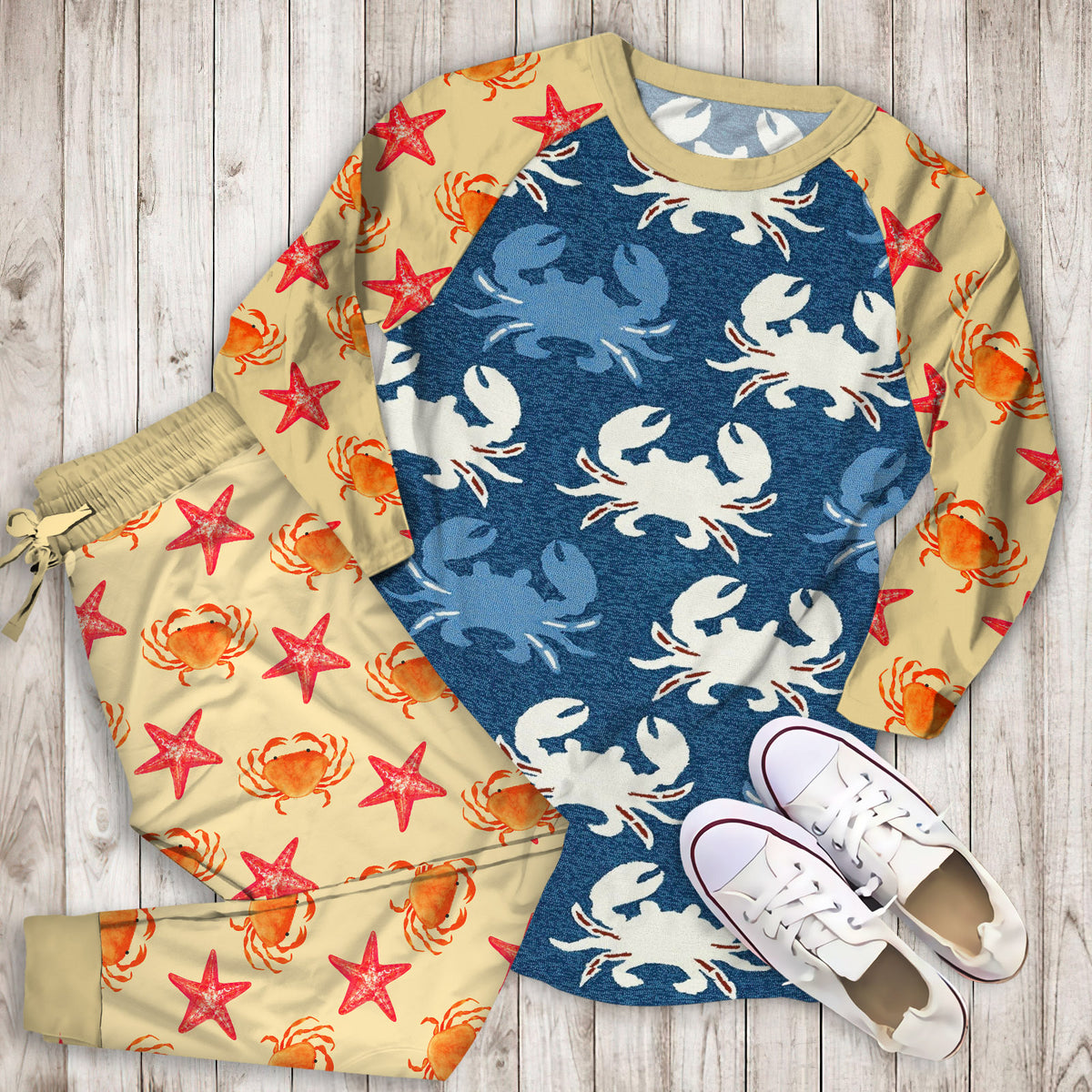 Crab Pajama Set | Pajamas | Cotton Sleepwear Sets | Soft Long Sleeve Pjs | Raglan Shirt and Pants Set