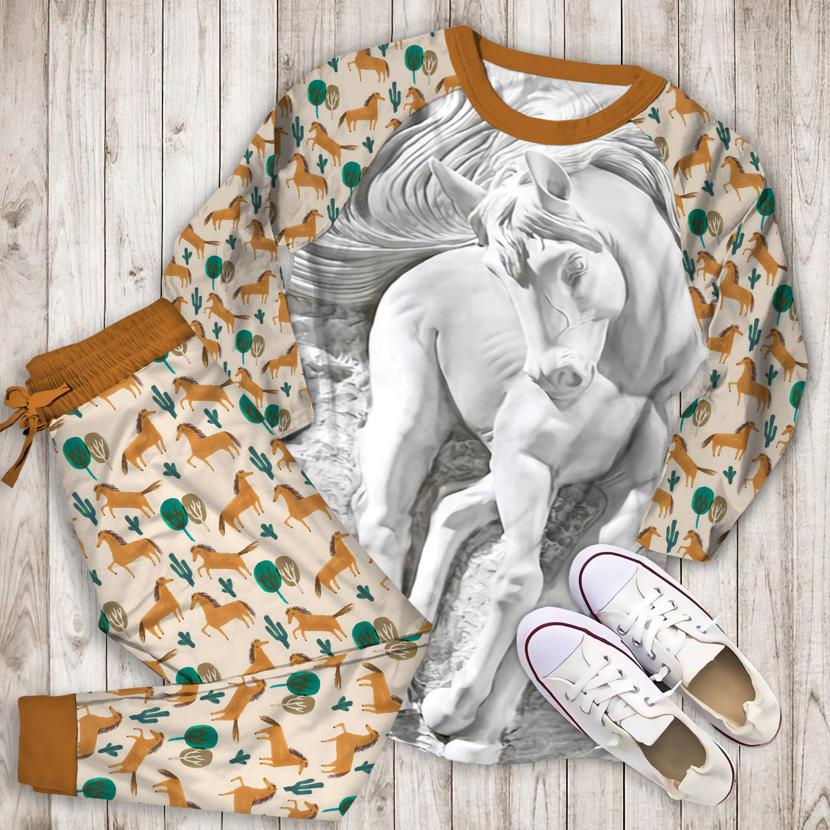 Horse Pajama Set | Pajamas | Cotton Sleepwear Sets | Soft Long Sleeve Pjs | Raglan Shirt and Pants Set