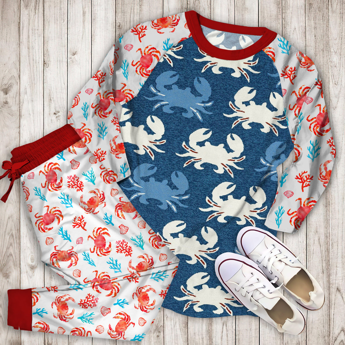 Crab Pajama Set | Pajamas | Cotton Sleepwear Sets | Soft Long Sleeve Pjs | Raglan Shirt and Pants Set