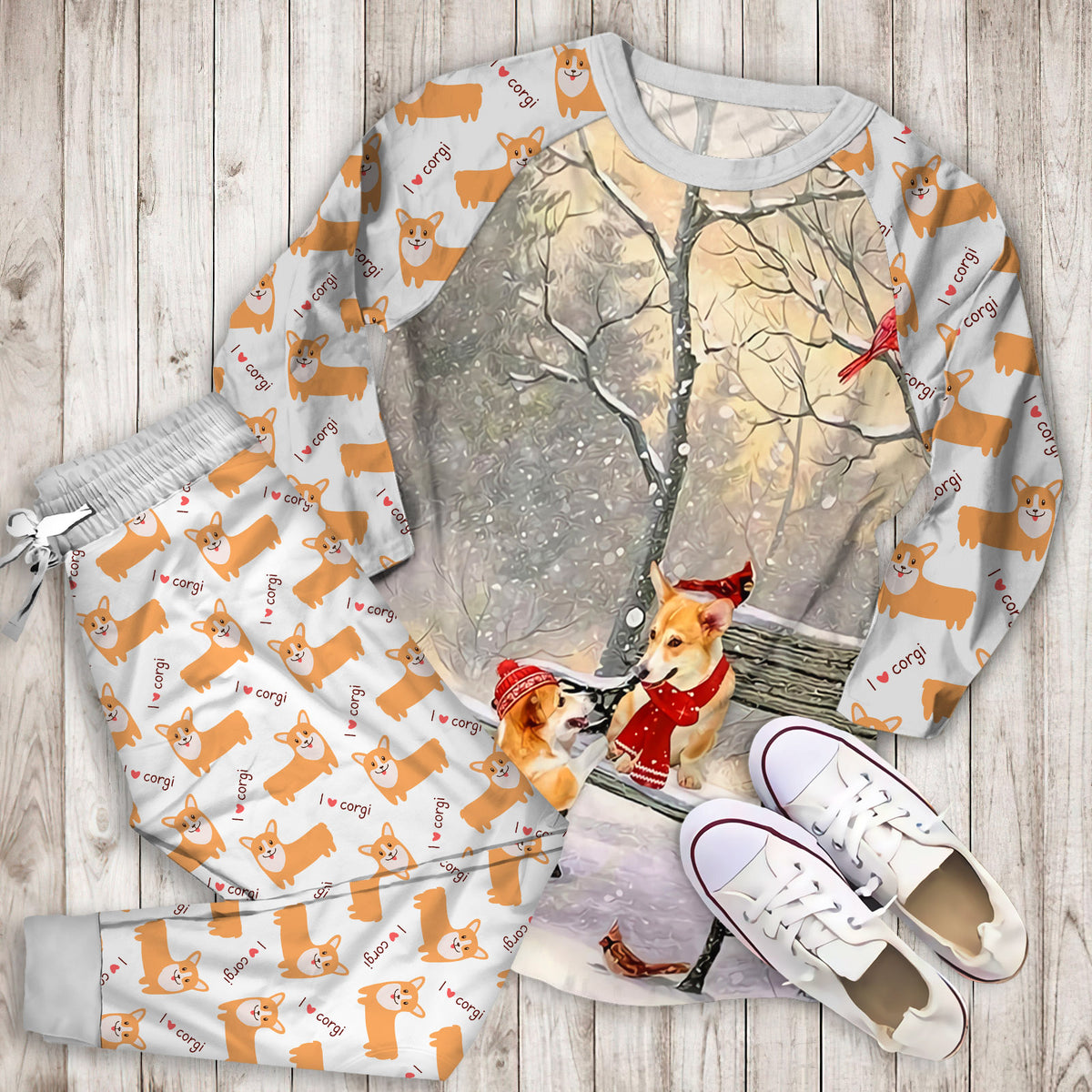 Corgi On A Date Pajama Set |Sleepwear Pjs Sets | Raglan Shirt Pants Set