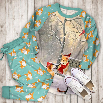 Corgi On A Date Pajama Set |Sleepwear Pjs Sets | Raglan Shirt Pants Set