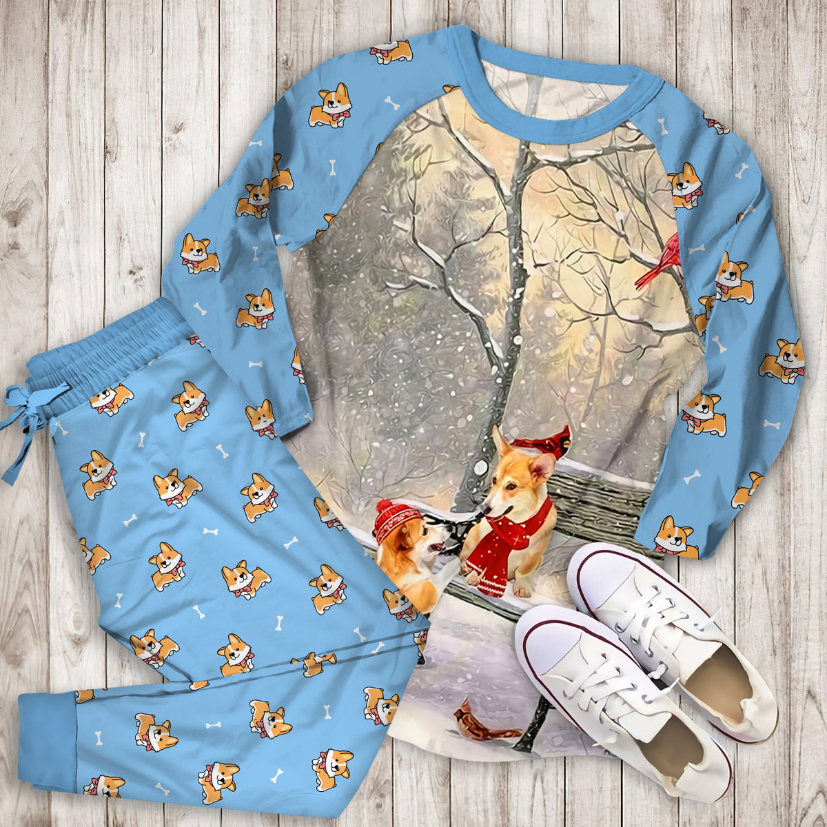 Corgi On A Date Pajama Set |Sleepwear Pjs Sets | Raglan Shirt Pants Set