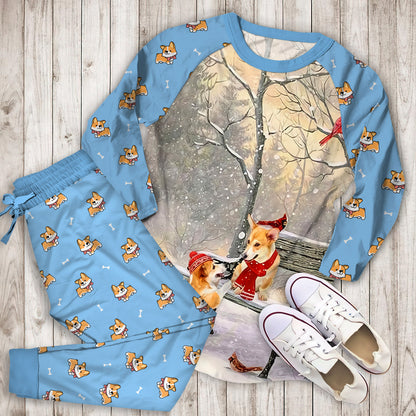 Corgi On A Date Pajama Set |Sleepwear Pjs Sets | Raglan Shirt Pants Set