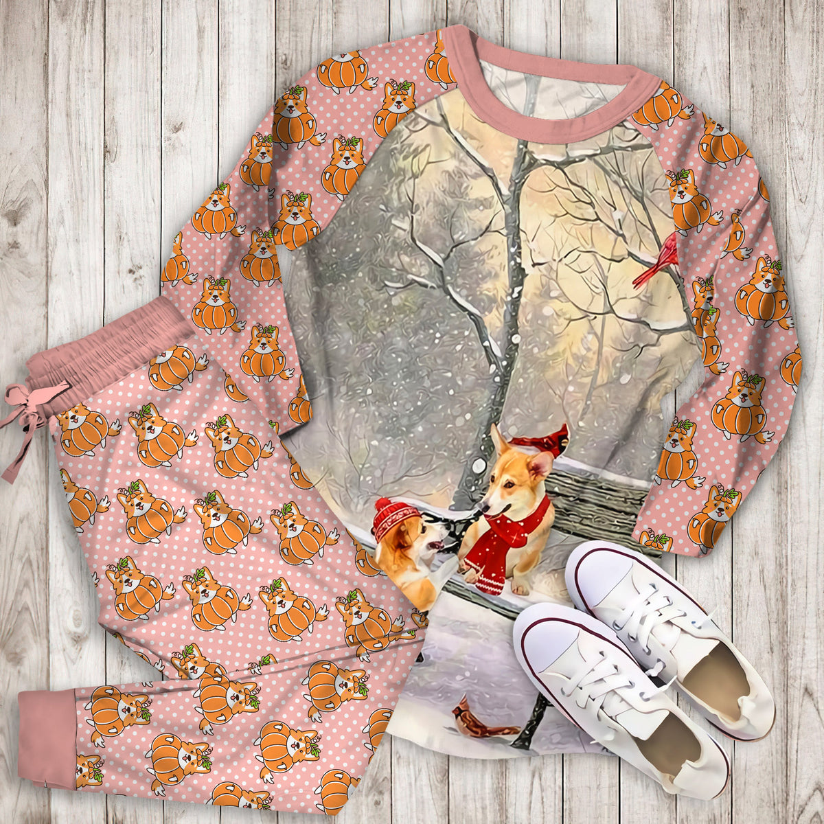 Corgi On A Date Pajama Set |Sleepwear Pjs Sets | Raglan Shirt Pants Set