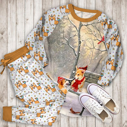 Corgi On A Date Pajama Set |Sleepwear Pjs Sets | Raglan Shirt Pants Set