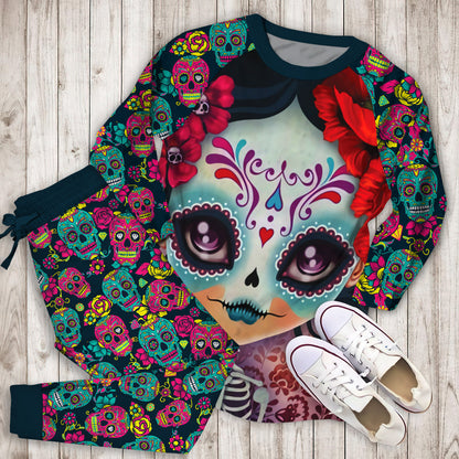 Day Of The Dead Sugar Skull Pajama Set | Pajamas | Cotton Sleepwear Sets | Soft Long Sleeve Pjs | Raglan Shirt and Pants Set