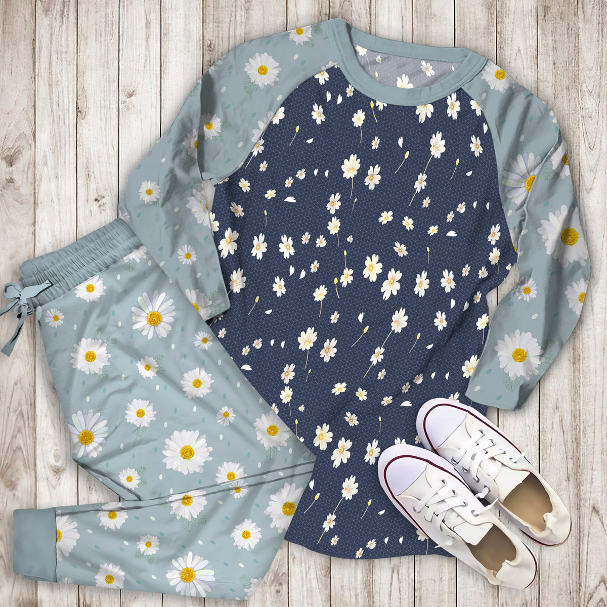 Daisy Flower Pajama Set | Pajamas | Cotton Sleepwear Sets | Soft Long Sleeve Pjs | Raglan Shirt and Pants Set