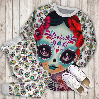 Day Of The Dead Sugar Skull Pajama Set | Pajamas | Cotton Sleepwear Sets | Soft Long Sleeve Pjs | Raglan Shirt and Pants Set