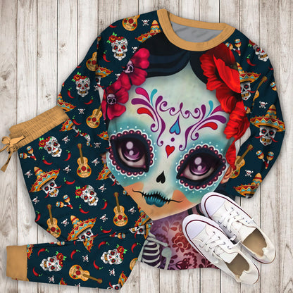 Day Of The Dead Sugar Skull Pajama Set | Pajamas | Cotton Sleepwear Sets | Soft Long Sleeve Pjs | Raglan Shirt and Pants Set