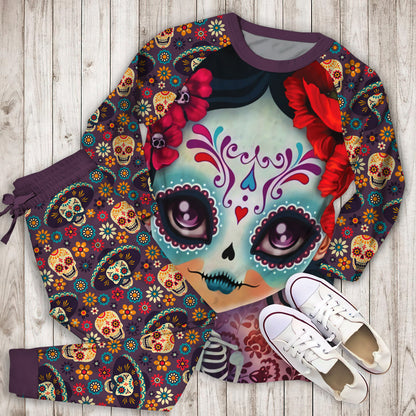 Day Of The Dead Sugar Skull Pajama Set | Pajamas | Cotton Sleepwear Sets | Soft Long Sleeve Pjs | Raglan Shirt and Pants Set
