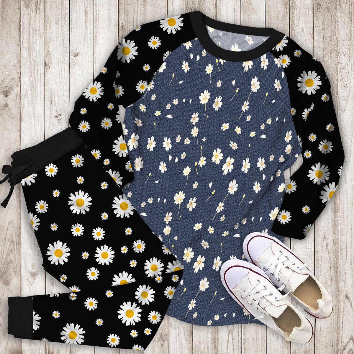 Daisy Flower Pajama Set | Pajamas | Cotton Sleepwear Sets | Soft Long Sleeve Pjs | Raglan Shirt and Pants Set