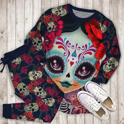 Day Of The Dead Sugar Skull Pajama Set | Pajamas | Cotton Sleepwear Sets | Soft Long Sleeve Pjs | Raglan Shirt and Pants Set