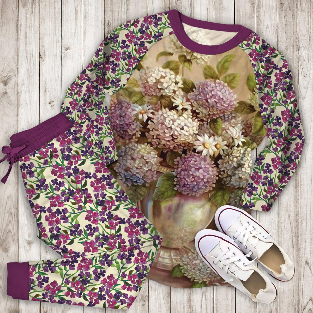 Hydrangea Flowers Pajama Set | Pajamas | Cotton Sleepwear Sets | Soft Long Sleeve Pjs | Raglan Shirt and Pants Set