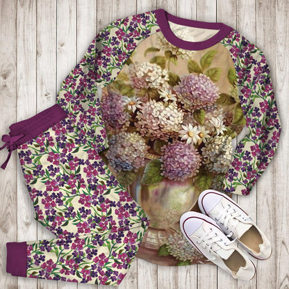 Hydrangea Flowers Pajama Set | Pajamas | Cotton Sleepwear Sets | Soft Long Sleeve Pjs | Raglan Shirt and Pants Set