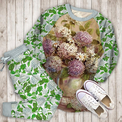 Hydrangea Flowers Pajama Set | Pajamas | Cotton Sleepwear Sets | Soft Long Sleeve Pjs | Raglan Shirt and Pants Set