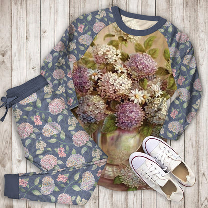 Hydrangea Flowers Pajama Set | Pajamas | Cotton Sleepwear Sets | Soft Long Sleeve Pjs | Raglan Shirt and Pants Set