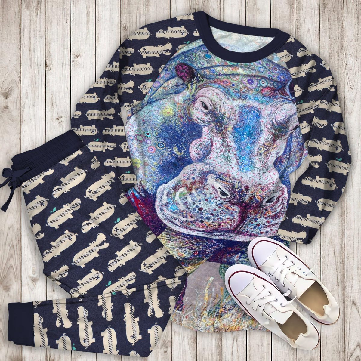 Hippo Pajama Set |Sleepwear Pjs Sets | Raglan Shirt Pants Set