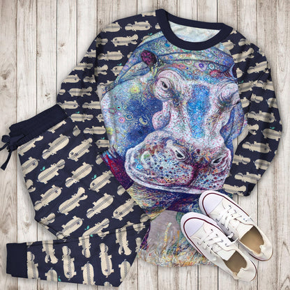 Hippo Pajama Set |Sleepwear Pjs Sets | Raglan Shirt Pants Set