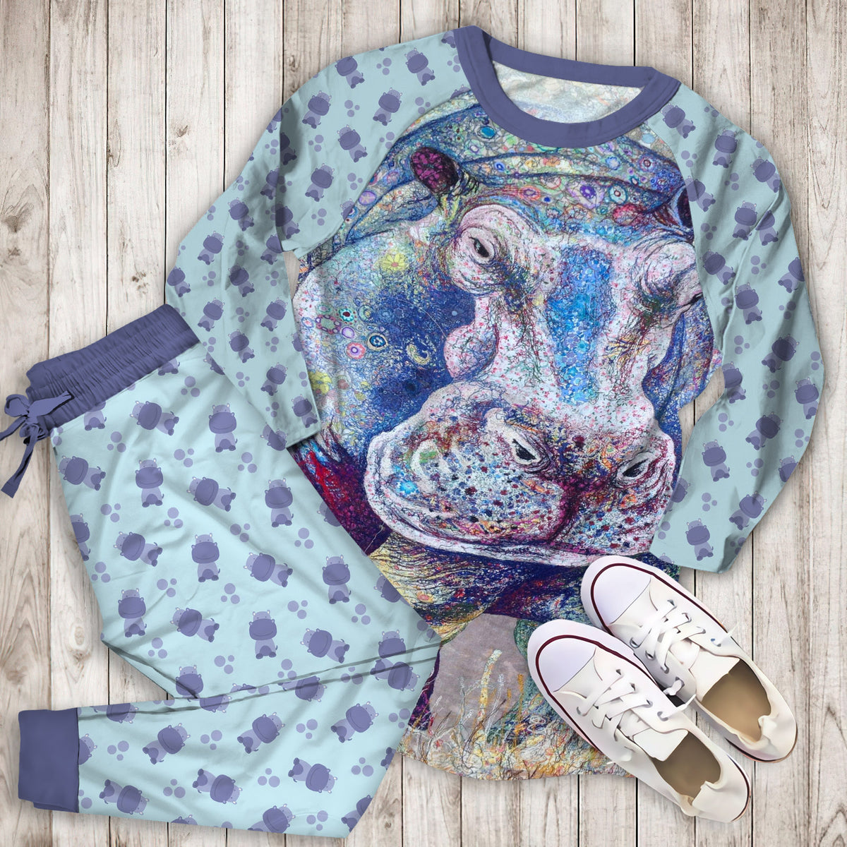 Hippo Pajama Set |Sleepwear Pjs Sets | Raglan Shirt Pants Set