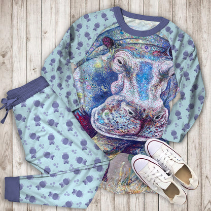 Hippo Pajama Set |Sleepwear Pjs Sets | Raglan Shirt Pants Set