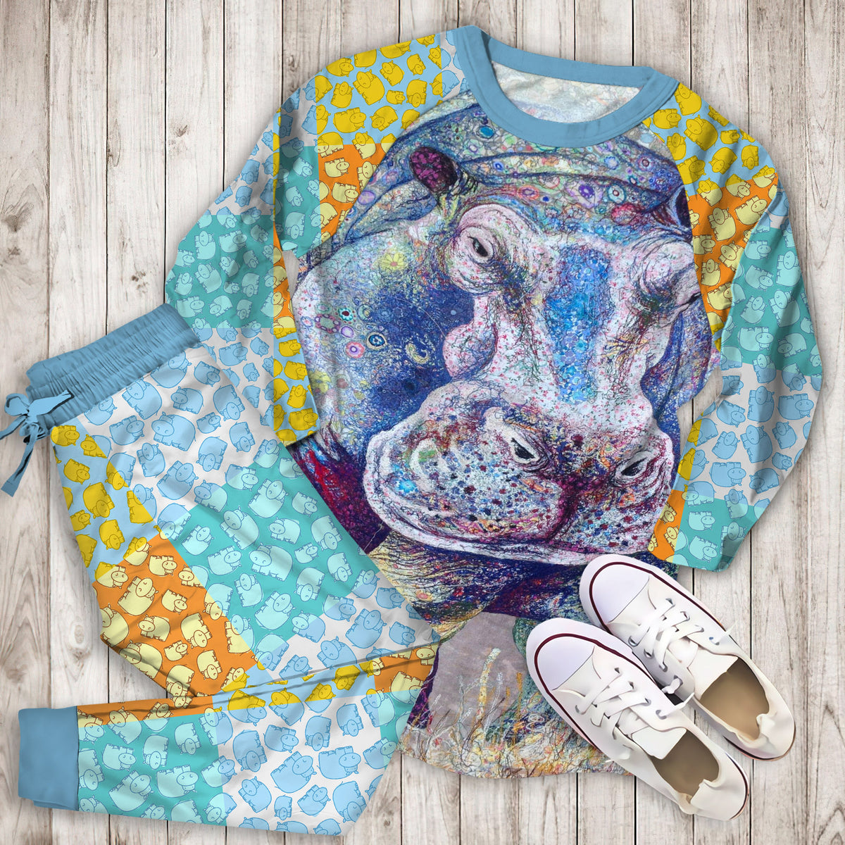 Hippo Pajama Set |Sleepwear Pjs Sets | Raglan Shirt Pants Set