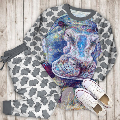 Hippo Pajama Set |Sleepwear Pjs Sets | Raglan Shirt Pants Set